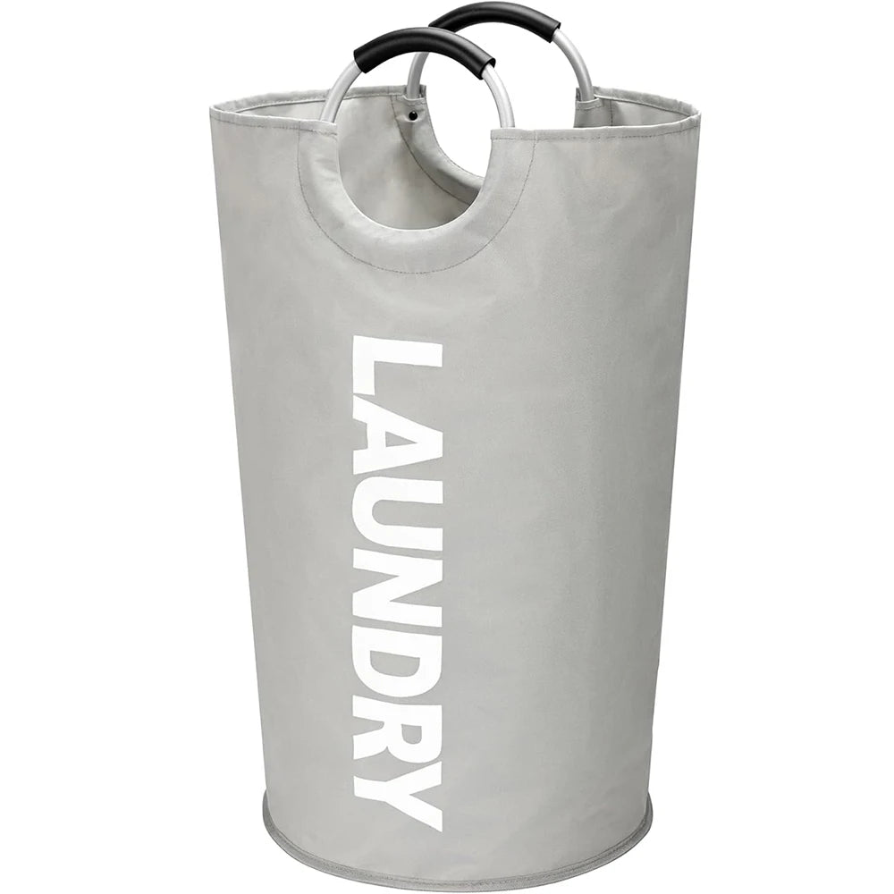 A large, collapsible, waterproof laundry basket in a light gray fabric.