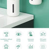 A white touchless automatic soap dispenser mounted on a green wall, showing various features like induction and waterproofing