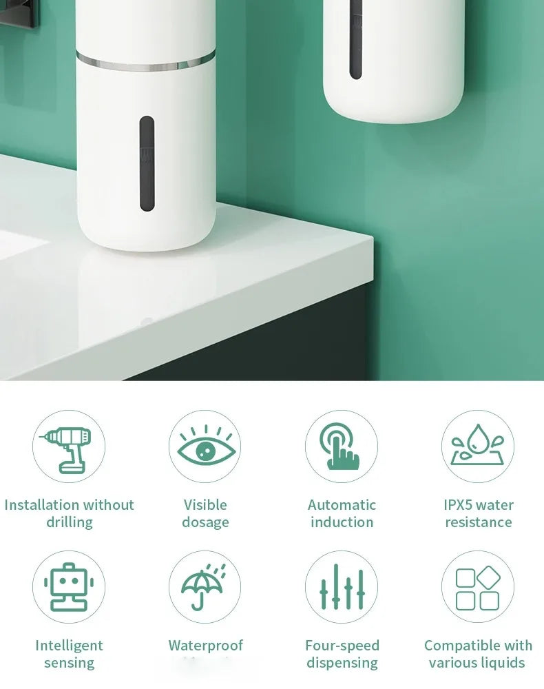 A white touchless automatic soap dispenser mounted on a green wall, showing various features like induction and waterproofing