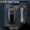 A titanium gray matte finish Icar key case with a key fob and a keyring displayed in a dark box.