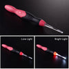 A pink and black rechargeable LED crochet hook tool shown in low light and bright light conditions.
