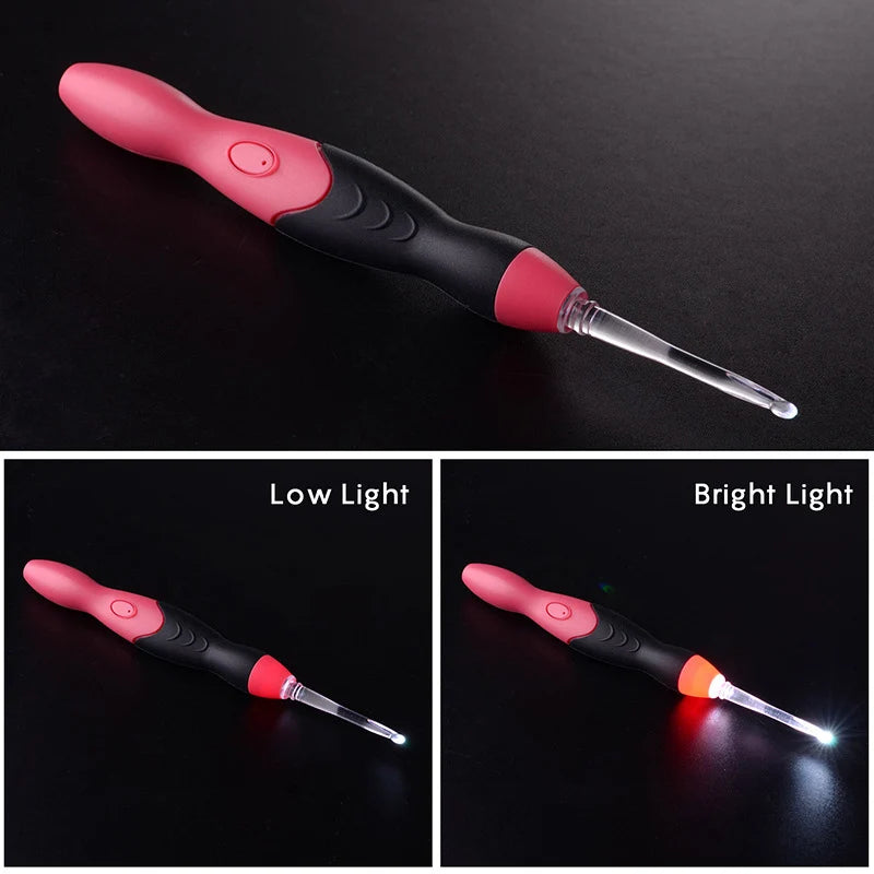 A pink and black rechargeable LED crochet hook tool shown in low light and bright light conditions.