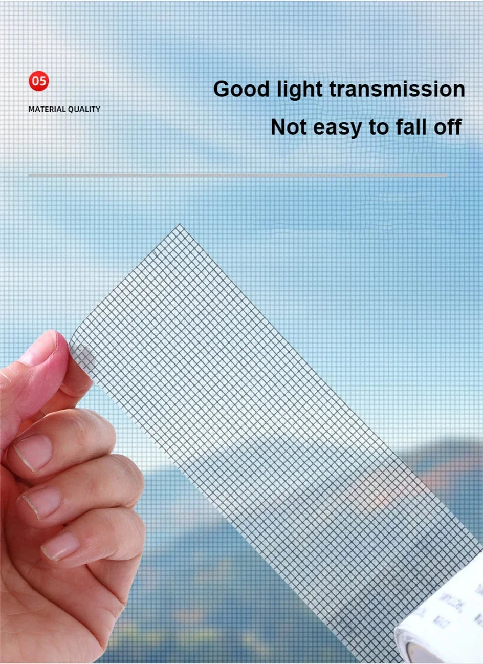 A hand holds a piece of mesh fiberglass screen repair tape demonstrating good light transmission and durability.