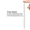 A white precision stylus pen is shown next to a hand, illustrating the press switch function.