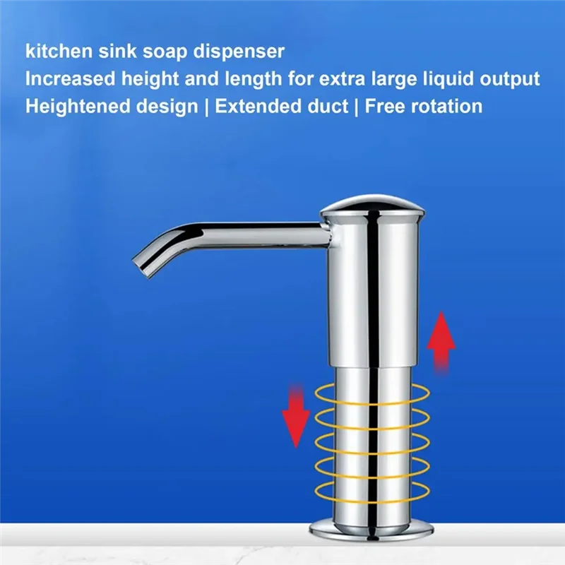 A chrome kitchen sink soap dispenser faucet with an extended liquid output duct and free rotation feature.