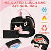 A black insulated lunch bag and pencil bag set with pink accents shown in various configurations.
