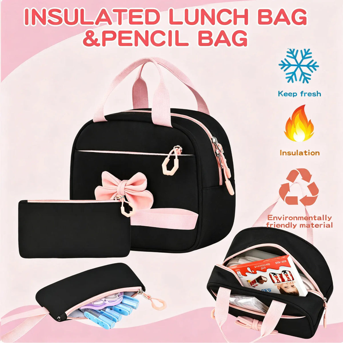A black insulated lunch bag and pencil bag set with pink accents shown in various configurations.