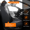 A set of five black waterproof PU leather car seat covers shown in a vehicle interior, highlighting features like breathabili