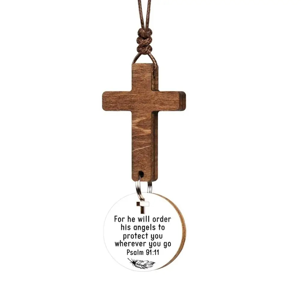 Wood Cross Car Rearview Mirror Pendant with Bible Verse