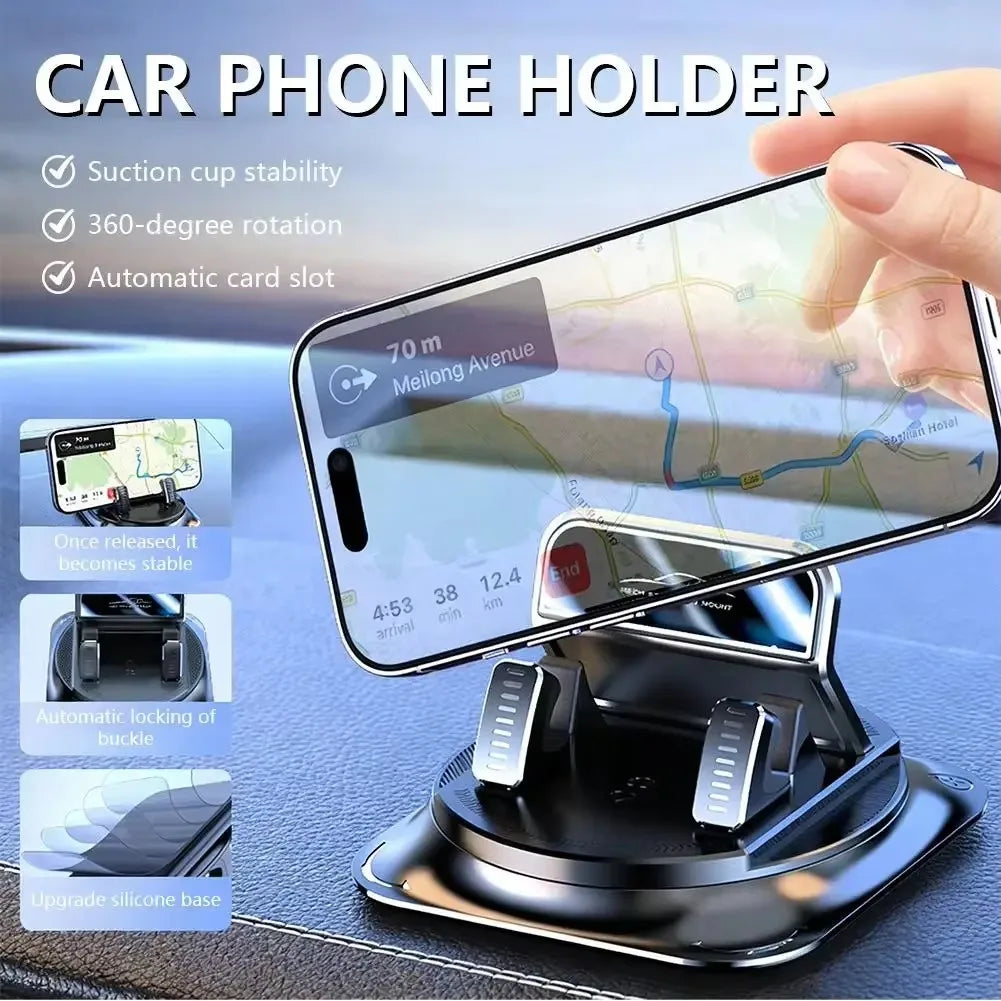 A hand holds a black car phone holder device designed for 360-degree rotation and features an automatic card slot.