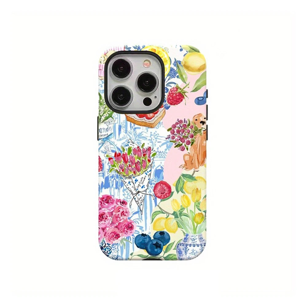 A dual-layer phone case for an iPhone featuring a vibrant floral and fruit pattern.