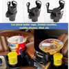 Black adjustable 2-in-1 car cup holder with expandable base shown in a car interior.
