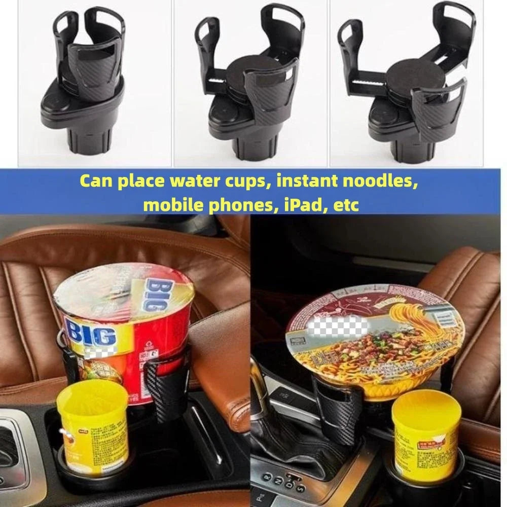 Black adjustable 2-in-1 car cup holder with expandable base shown in a car interior.