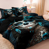A dark blue and black duvet cover featuring a large sugar skull design with floral accents.