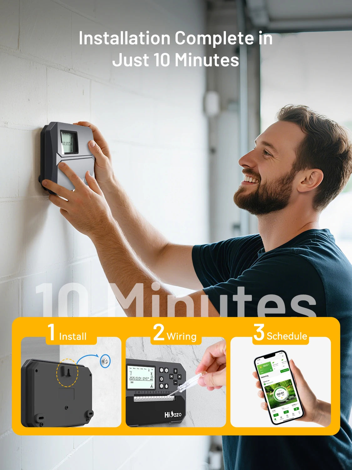 A man installs a smart sprinkler controller on a wall, demonstrating quick installation in just 10 minutes.