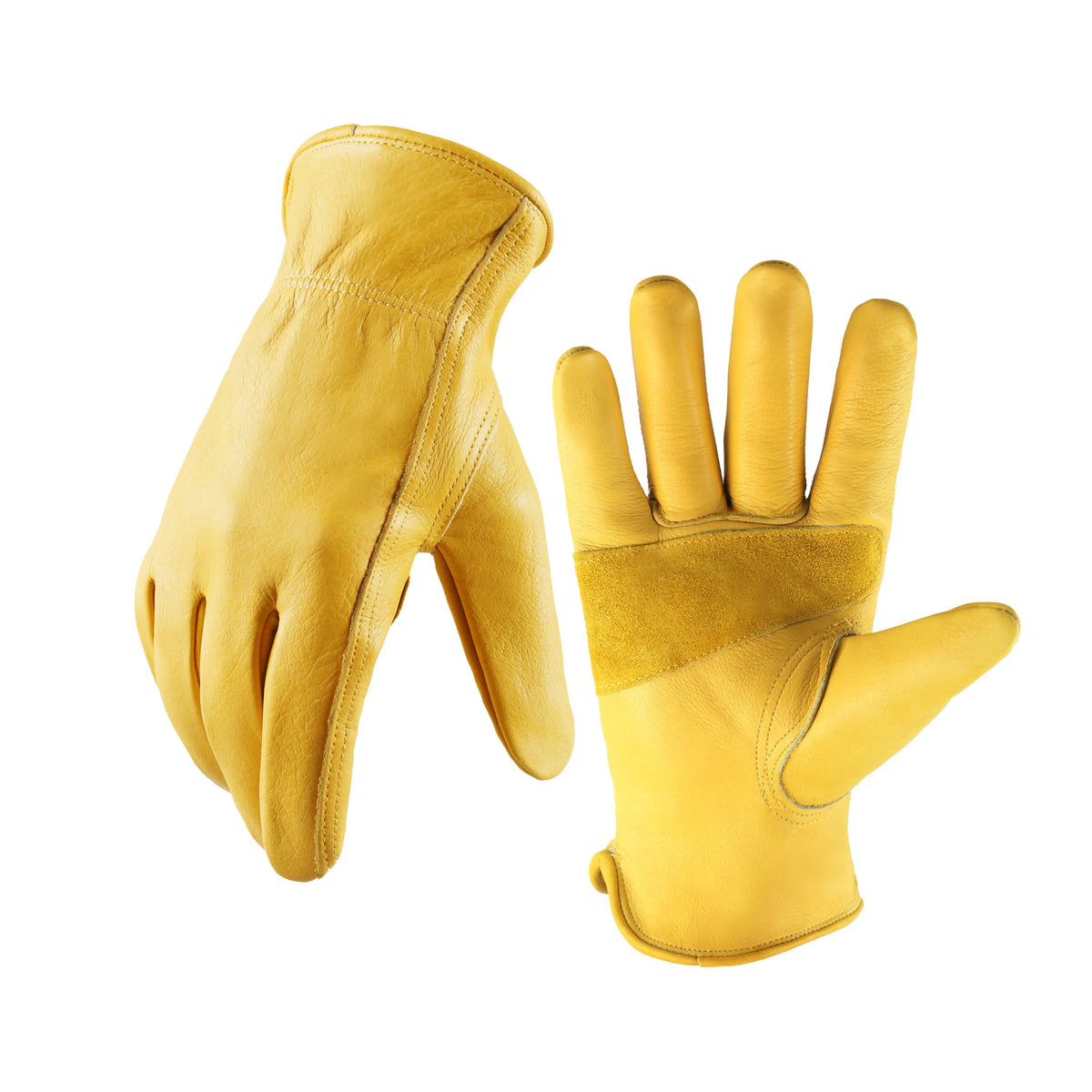 A pair of yellow full cowhide leather gardening and pruning gloves shown against a white background.