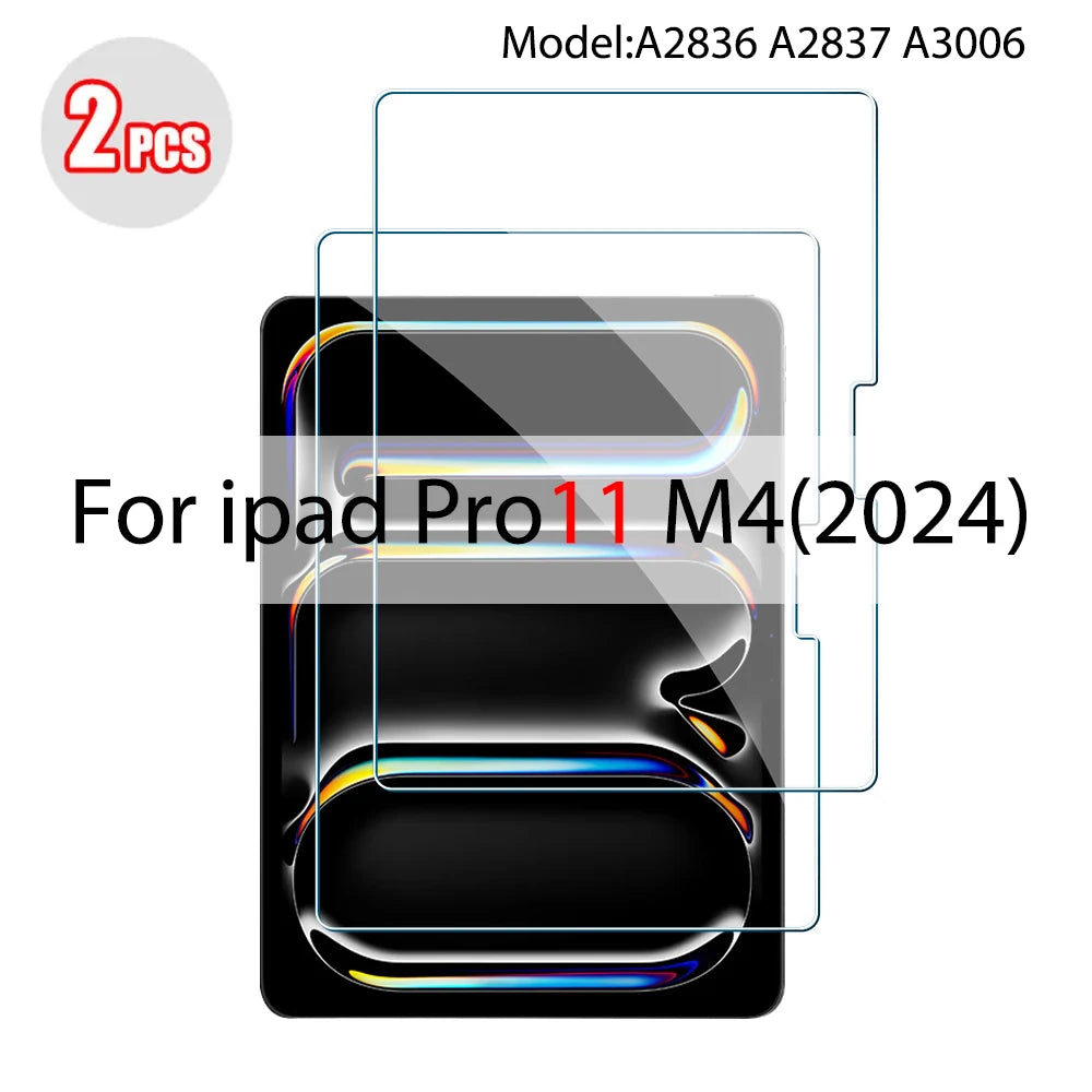 Two tempered glass screen protectors for an iPad Pro 11 M4 (2024) device.