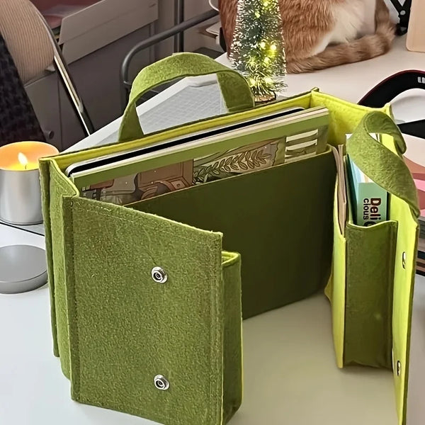 Mochila plegable de color verde lima para viajar con compartimento para portátil sobre una mesa blanca.
