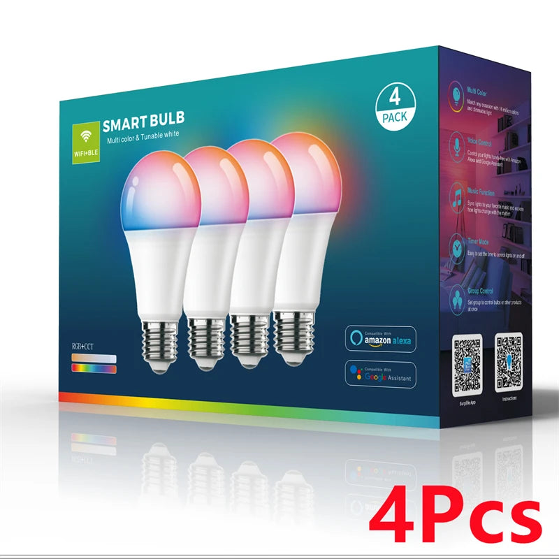 A box showing four smart bulbs with RGB color changing and dimmable warm/cool light.