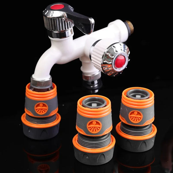 A silver and white quick-connect garden hose fitting with orange and gray rubber connectors.