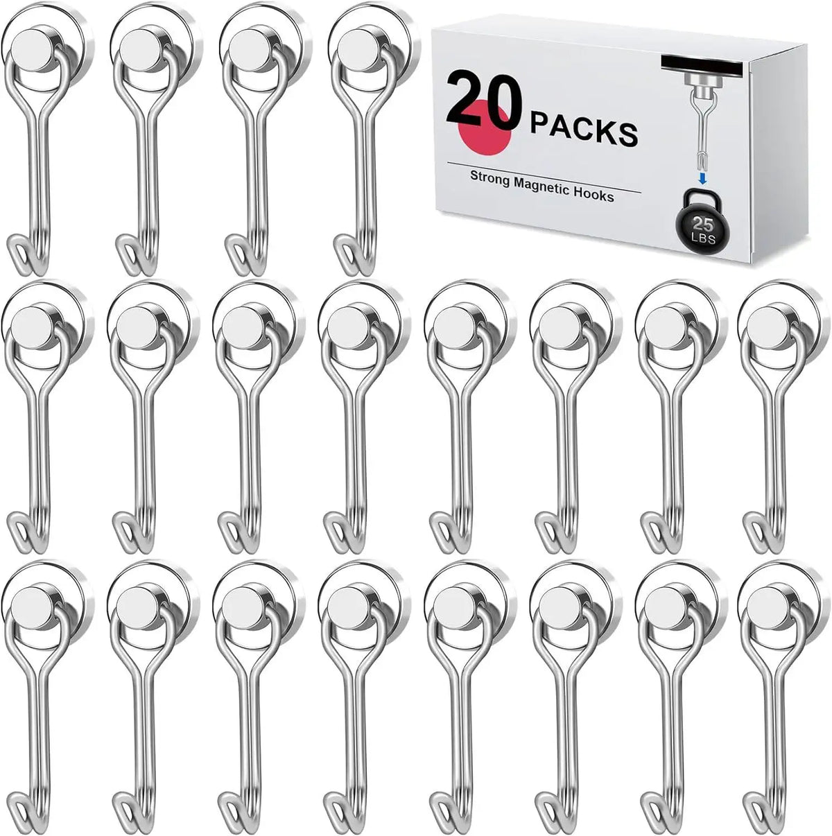 A set of 20 strong magnetic hooks for hanging items on refrigerators and metal surfaces.