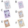 Five variations of a cute bear photo album with heart cutouts for 3-inch photos and cards in various pastel colors.