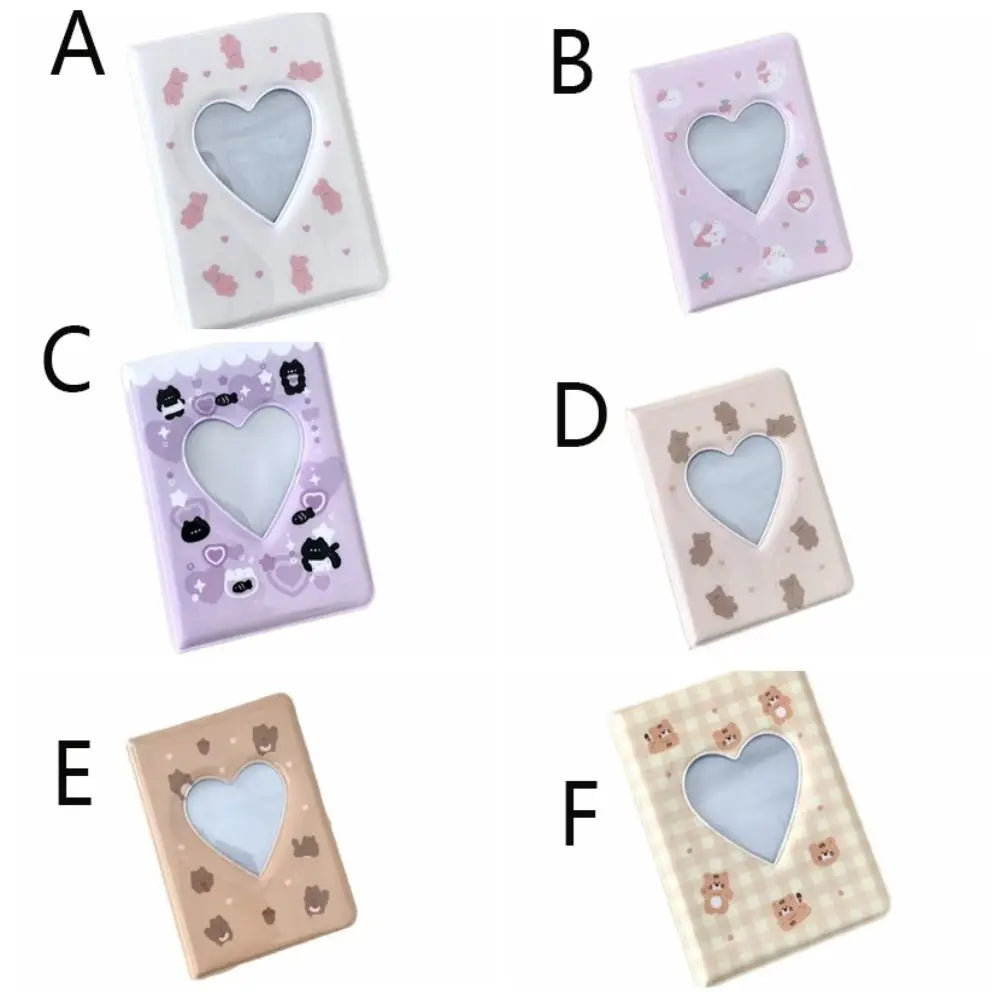 Five variations of a cute bear photo album with heart cutouts for 3-inch photos and cards in various pastel colors.