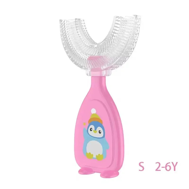 Pink U-shaped silicone toothbrush for children aged 2 to 6 years