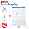A white vacuum storage bag is shown, featuring a blue seal and a hand pump, designed for storing clothes and bedding.