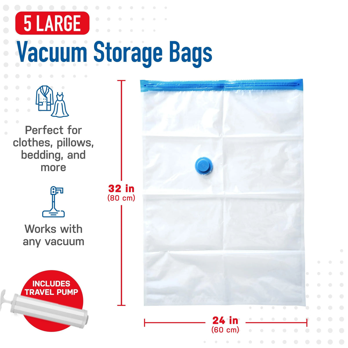A white vacuum storage bag is shown, featuring a blue seal and a hand pump, designed for storing clothes and bedding.