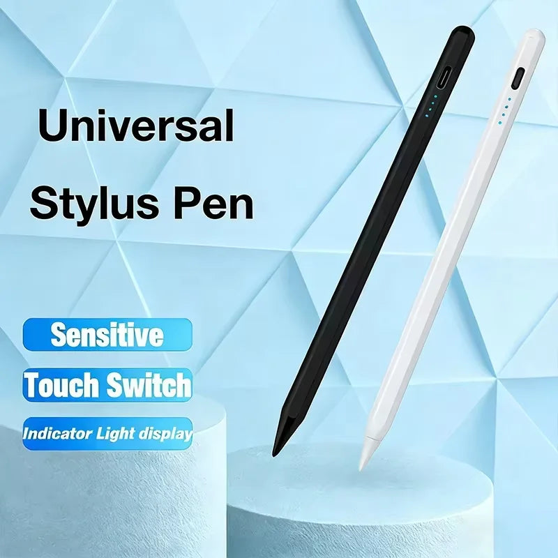 A black and white universal stylus pen is shown against a light blue geometric background with text highlighting its sensitiv