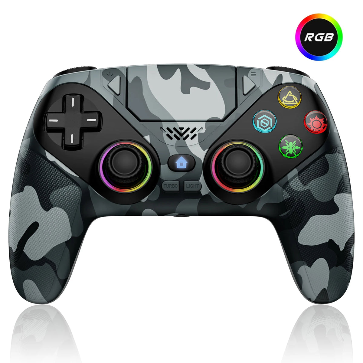 A black and gray camouflage wireless RGB gaming controller for PS5 and PC