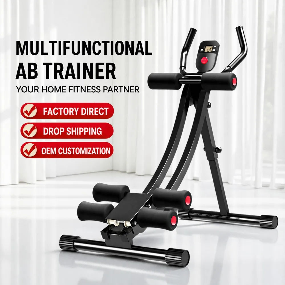A black multifunctional ab trainer with handles and an LCD display is shown on a white floor.