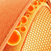 Close-up view of a plush orange blanket texture with visible fibers and an anti-static mesh layer.