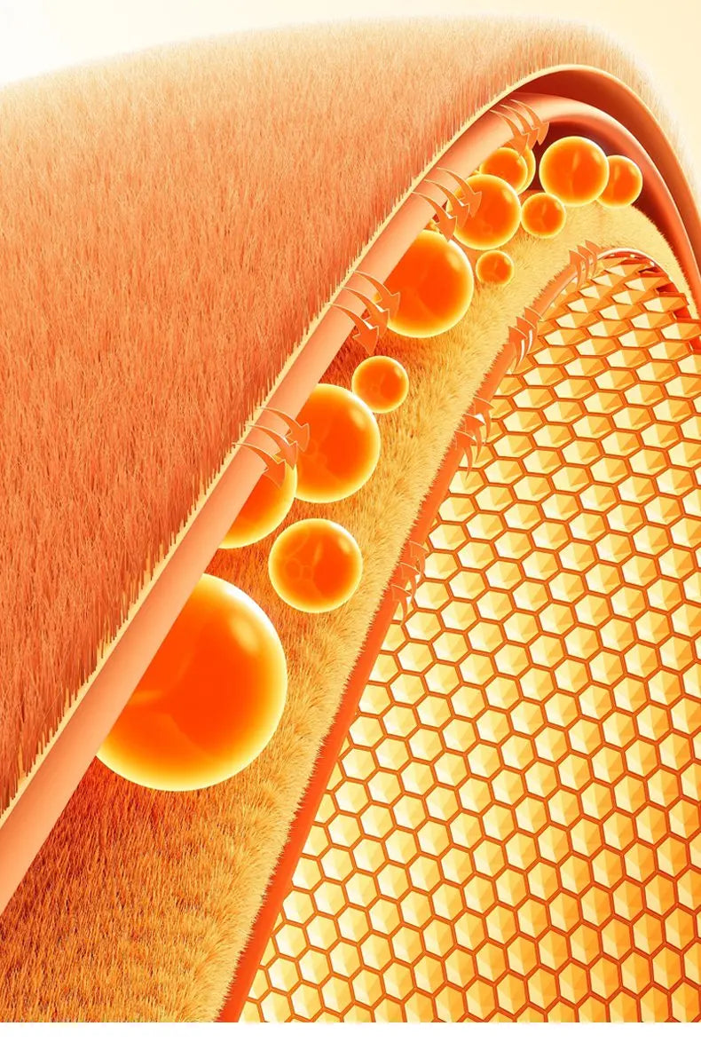 Close-up view of a plush orange blanket texture with visible fibers and an anti-static mesh layer.