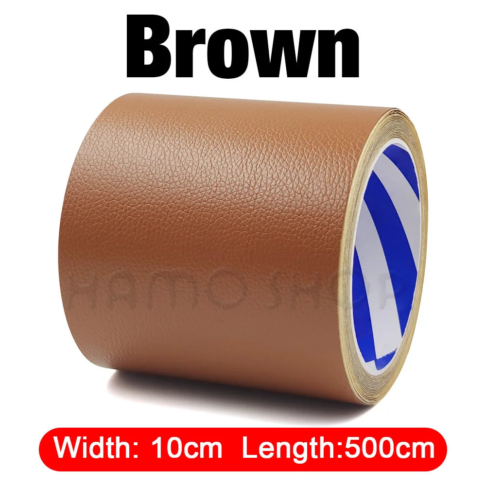 Brown self-adhesive PU leather repair patch in a roll with blue and white stripes