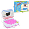 A pink and white mini educational laptop toy with an LED display, featuring letter and word sounds.