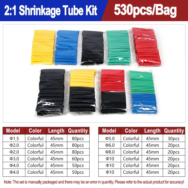 A variety of heat shrink tubing kits in yellow, blue, black, green, and red colors are displayed for shrinking applications.