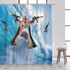 Cat Riding Dinosaur Shower Curtain with Ocean Wave Design