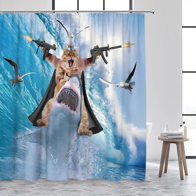 Cat Riding Dinosaur Shower Curtain with Ocean Wave Design