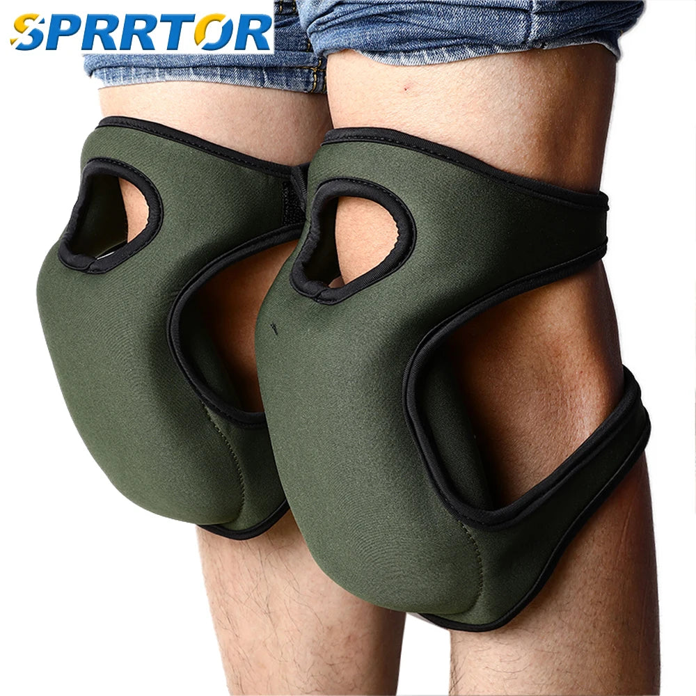 A pair of olive green soft foam kneepads worn on the knees of a person's legs.