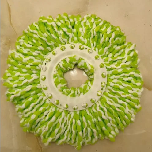 A circular arrangement of bright lime green microfiber spinning mop heads with white plastic bases.
