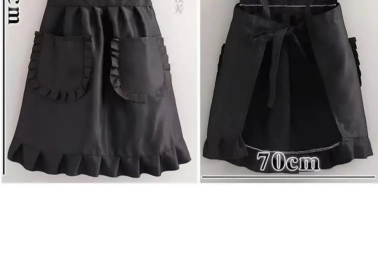 Black Korean style cotton kitchen apron with adjustable neck strap shown flat.