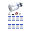 A silver kitchen faucet water filter assembly with a rotating head and various related components.