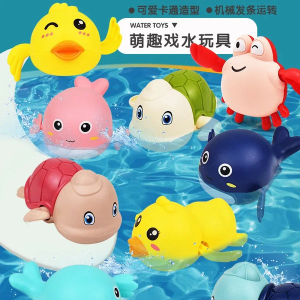 A collection of colorful bath toys featuring cartoon turtles, ducks, and whales floating in water.