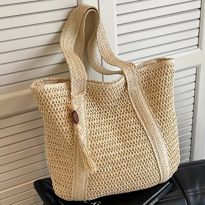 Natural Straw Woven Tote Bag with Tassel