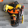 A yellow and black drill holster featuring various storage pockets for drill bits, screws, and metal parts.