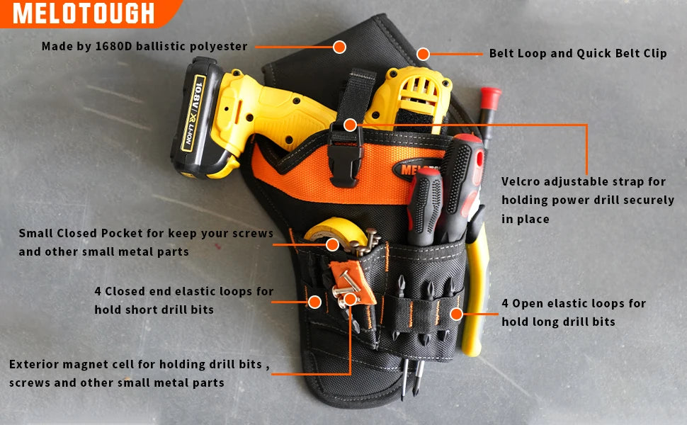 A yellow and black drill holster featuring various storage pockets for drill bits, screws, and metal parts.