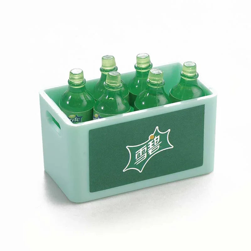 A set of green RC car decorative accessories including surfboard, kayak, and roadblocks.