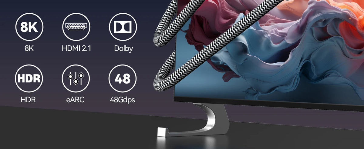 A close-up of a monitor displaying vibrant colors, with technical specifications listed on the left.